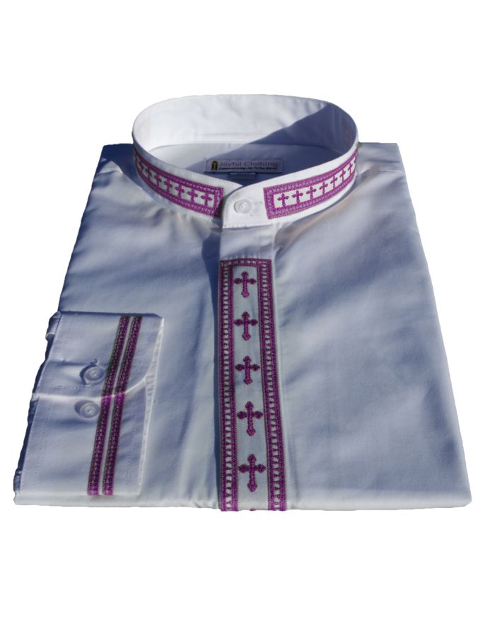 317. Men's Long-Sleeve Clergy Shirt With Fine Embroidery - White/Purple