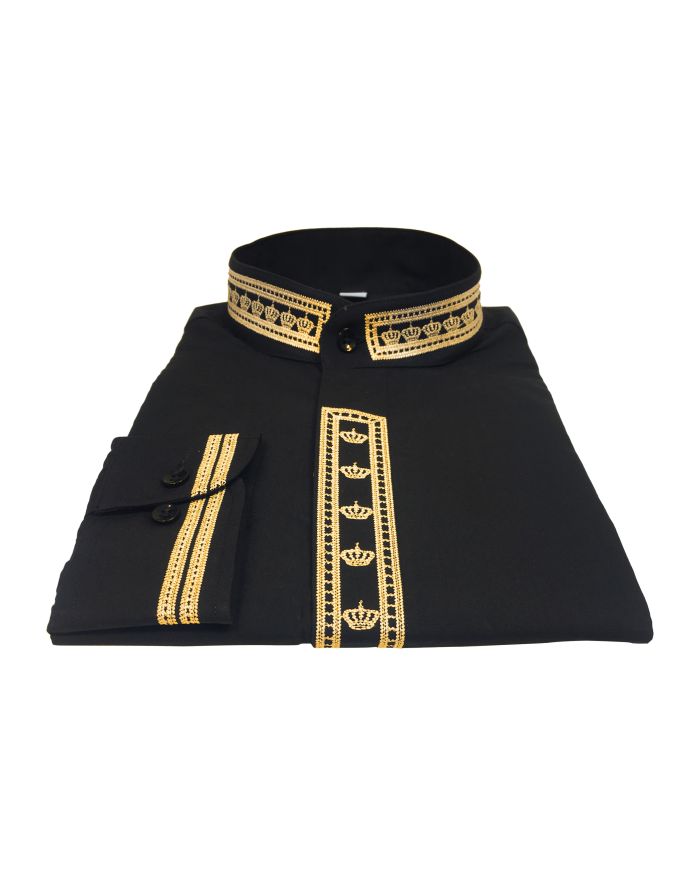 342. Men's Clergy Shirt With Rejoice Crown Fine Embroidery Long Sleeves- Black/Gold