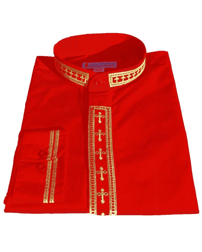 319. Men's Long-Sleeve Clergy Shirt With Fine Embroidery - Red/Gold