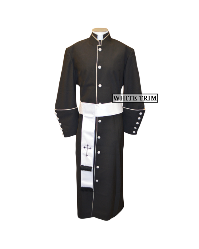 Men's Black/White Clergy Robe and Matching Cincture Set