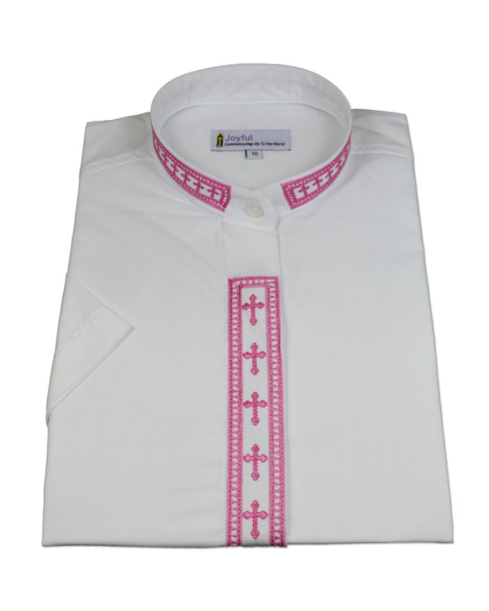 358. Men's Short-Sleeve Clergy Shirt With Fine Embroidery - White/Fuchsia