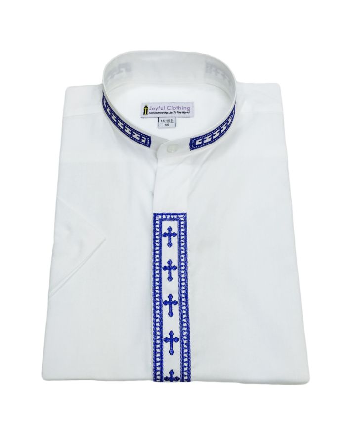 360. Men's Short-Sleeve Clergy Shirt With Fine Embroidery - White/Royal
