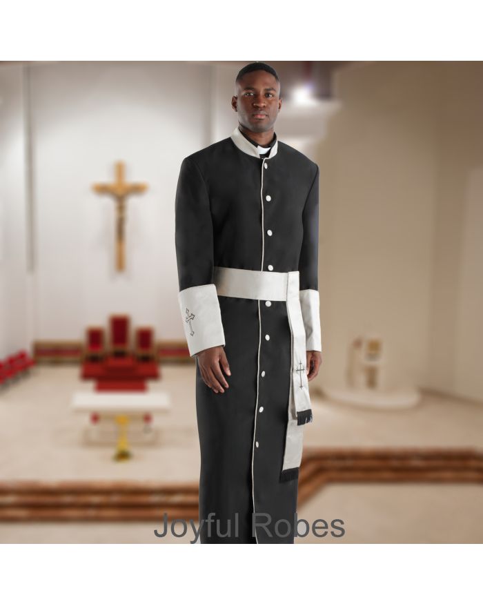 357 M. Men's Pastor/Clergy Robe - Black/White Cuff Matching Cincture Set