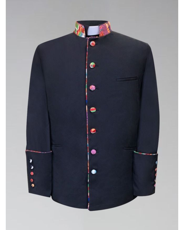Men's Clergy Frock Jacket Black with African Kwangali Cloth