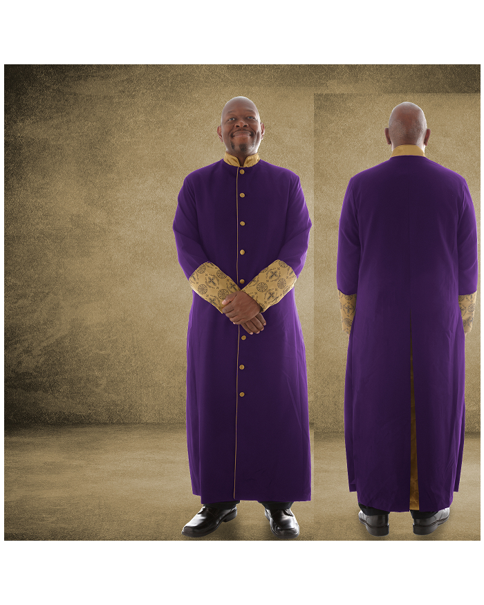 812 M. Men's Premium Pastor/Clergy Robe - Purple/Gold with Fancy Pleats