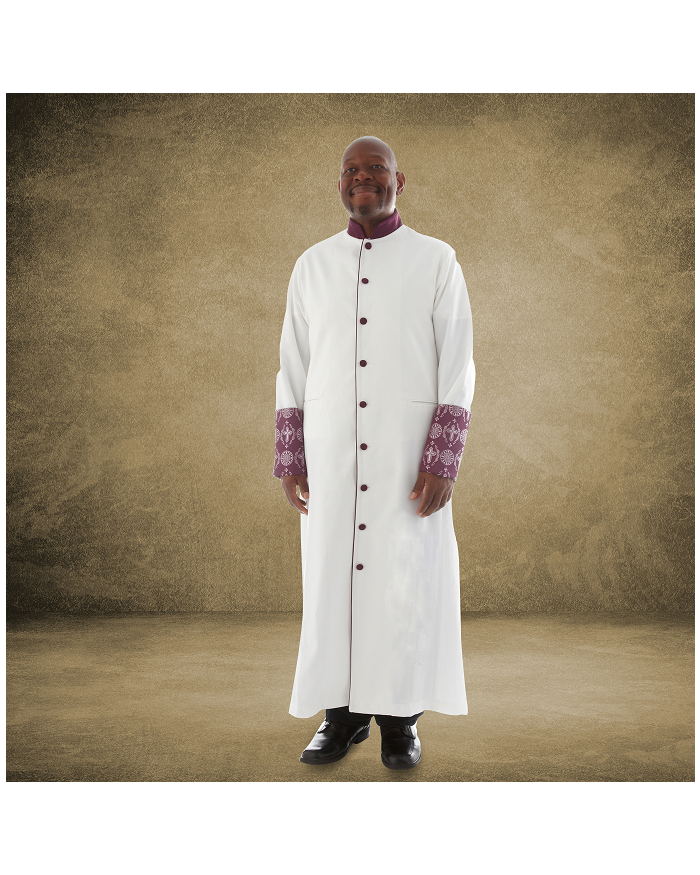 814 M. Men's Premium Pastor/Clergy Robe - White/Purple with Fancy Pleats