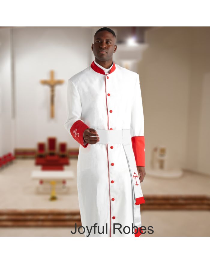 355 M. Men's Pastor/Clergy Robe - White/Red Cuff Matching Cincture Set