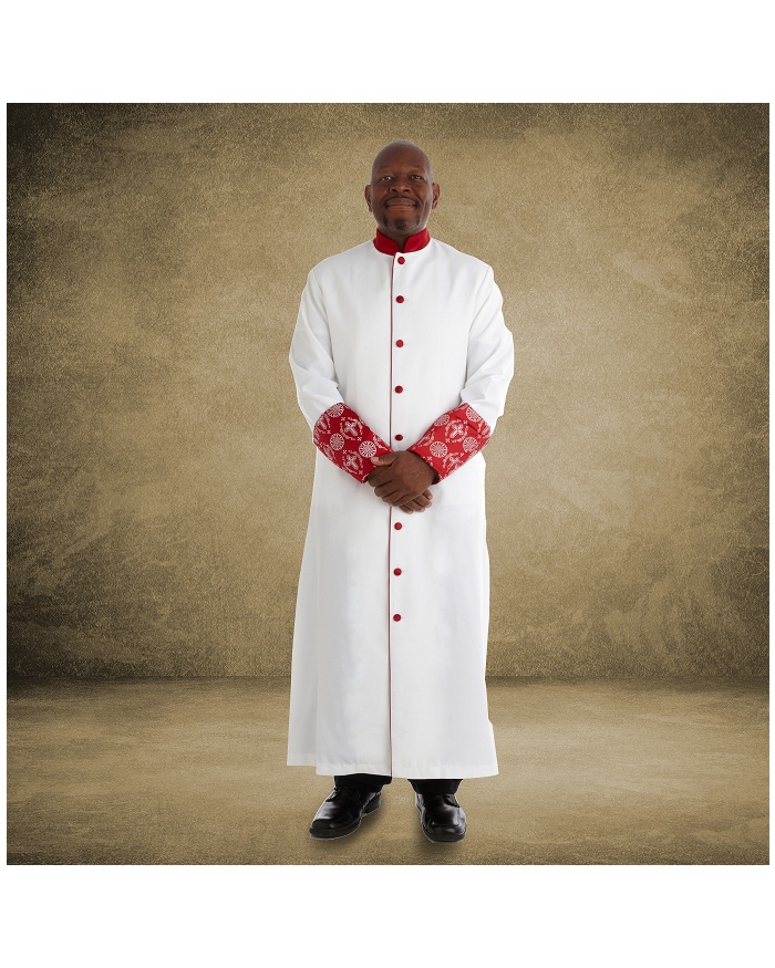 813 M. Men's Premium Pastor/Clergy Robe - White/Red with Fancy Pleats