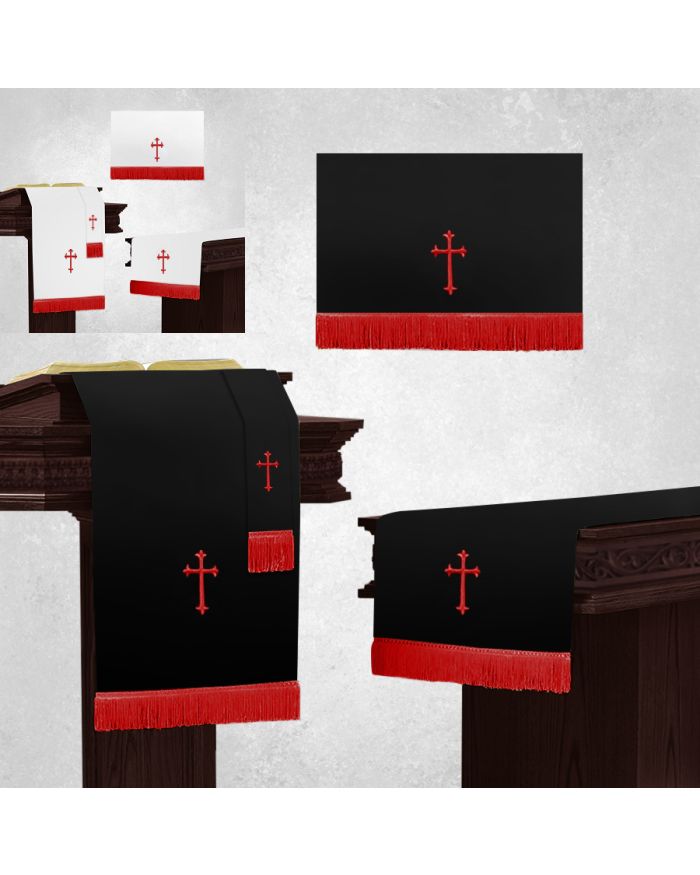 White and Black Communion Parament Set for Altar with Red Crosses