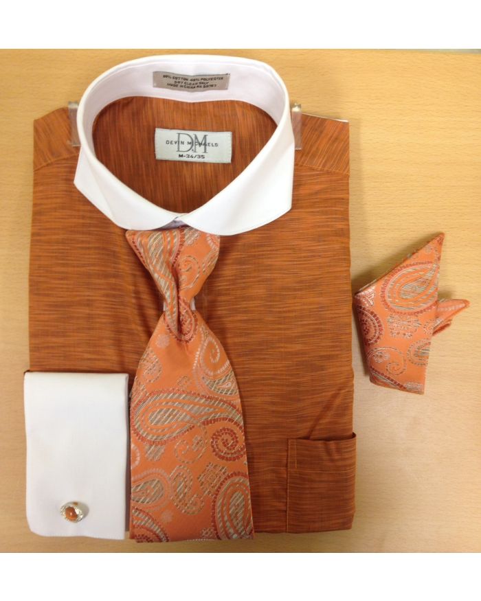 Men's Fashion Light Zigzag Pattern Cufflink Dress Shirt Set - Orange/Cognac