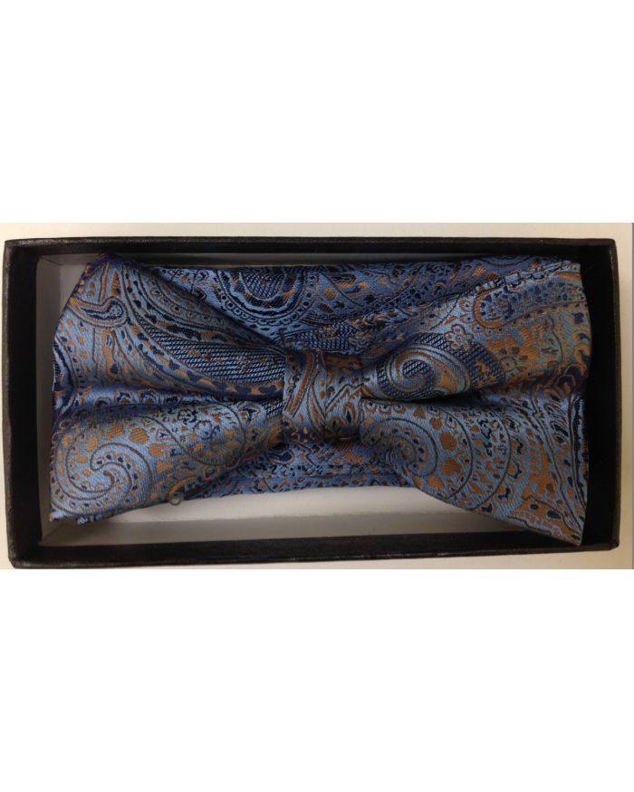 Men's Extravagant Paisley Pattern Bow Tie + Hanky - Midnight Blue & Brown