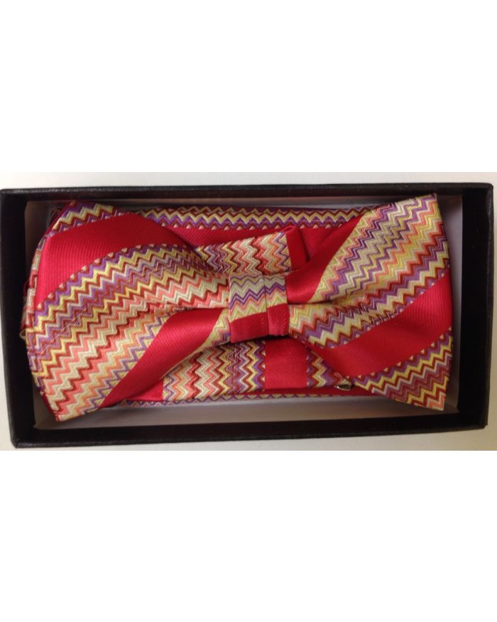 Men's Designer Unique Striped Bow Tie + Hanky - Crimson Red and Gold