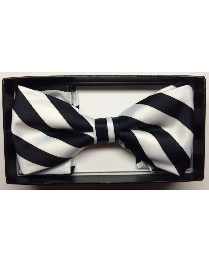 Men's Diagonal Striped Bow Tie + Hanky - White & Black