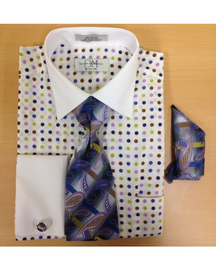 Men's Fashion Polka Dot Cufflink Dress Shirt Set - White/Lilac/Blue