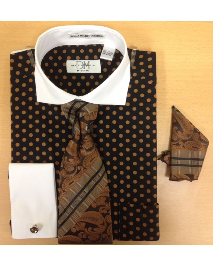 Men's Fashion Polka Dot Pattern Cufflink Dress Shirt Set - Black and Brown