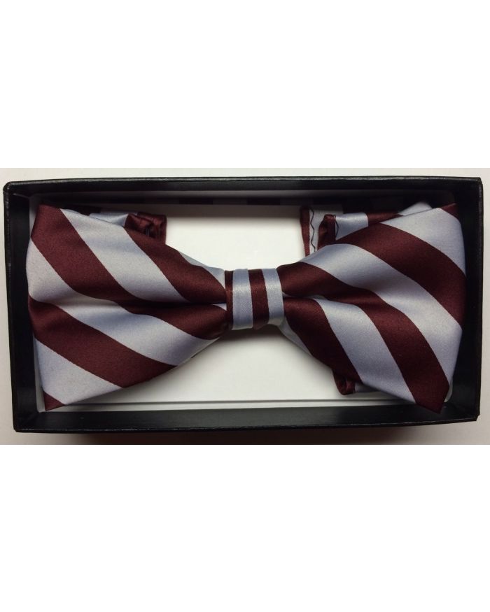 Men's Diagonal Striped Bow Tie + Hanky - Burgundy & Grey