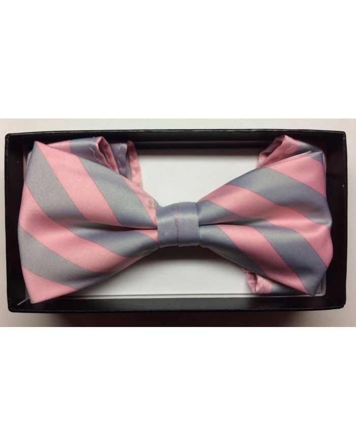 Men's Diagonal Striped Bow Tie + Hanky - Silver & Pink