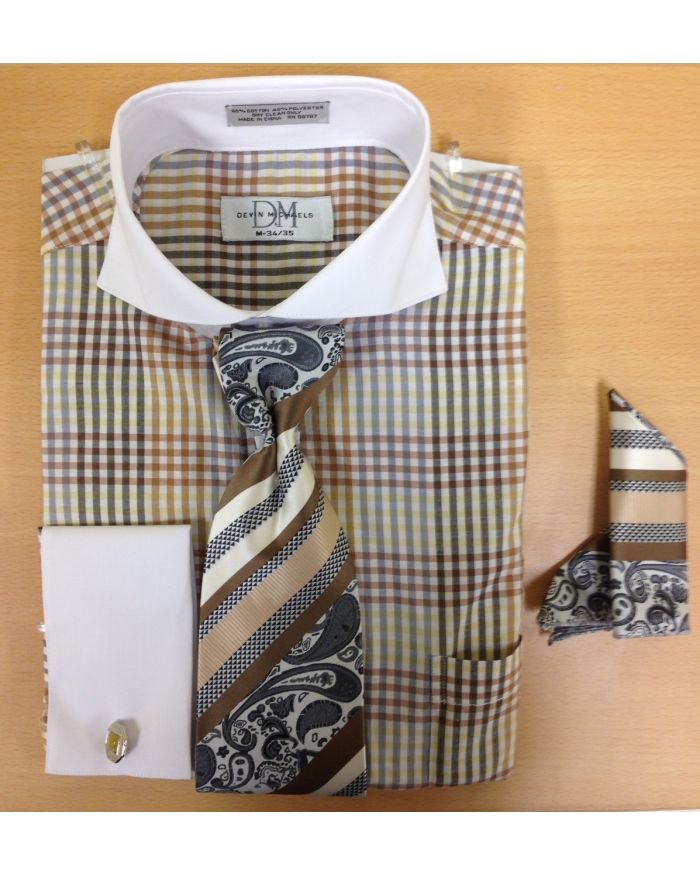 Men's Fashion Three-Tone Gingham Pattern Cufflink Dress Shirt Set - Brown/Silver/Tan