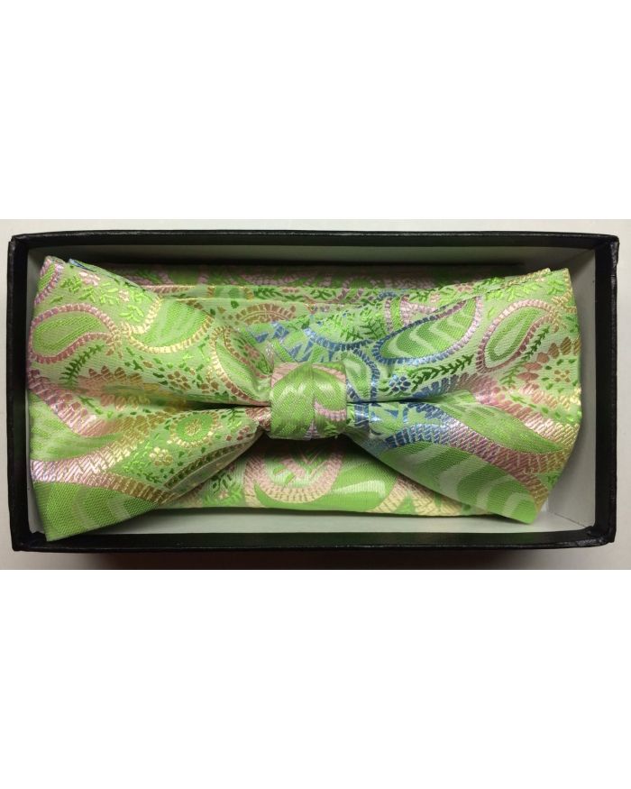 Men's Fashion Paisley Bow Tie + Hanky - Lime Green & Pink