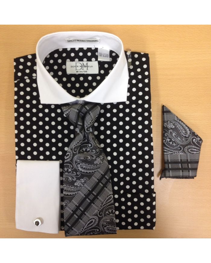 Men's Fashion Polka Dot Pattern Cufflink Dress Shirt Set - Black and White