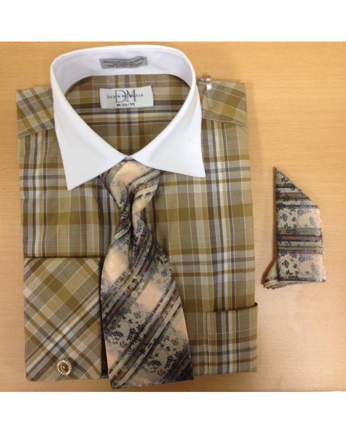 Men's Fashion All-Around Checked & Windowpane Print Cufflink Dress Shirt Set - Brown