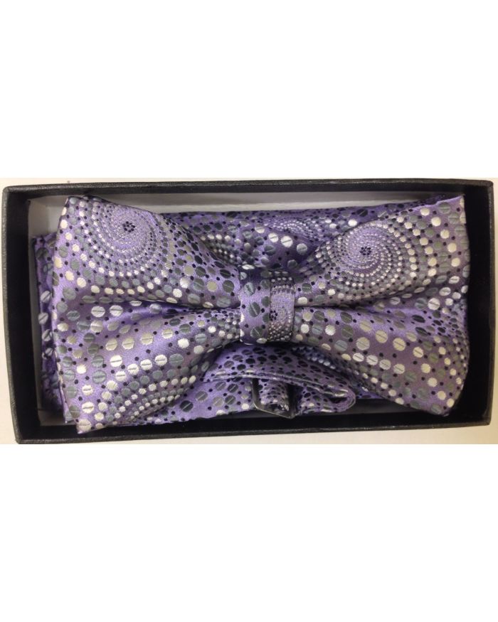 Men's Fusion Pattern Bow Tie + Hanky - Lavender & Silver