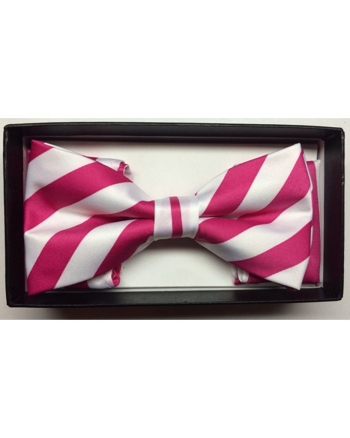 Men's Diagonal Striped Bow Tie + Hanky - White & Fuschia