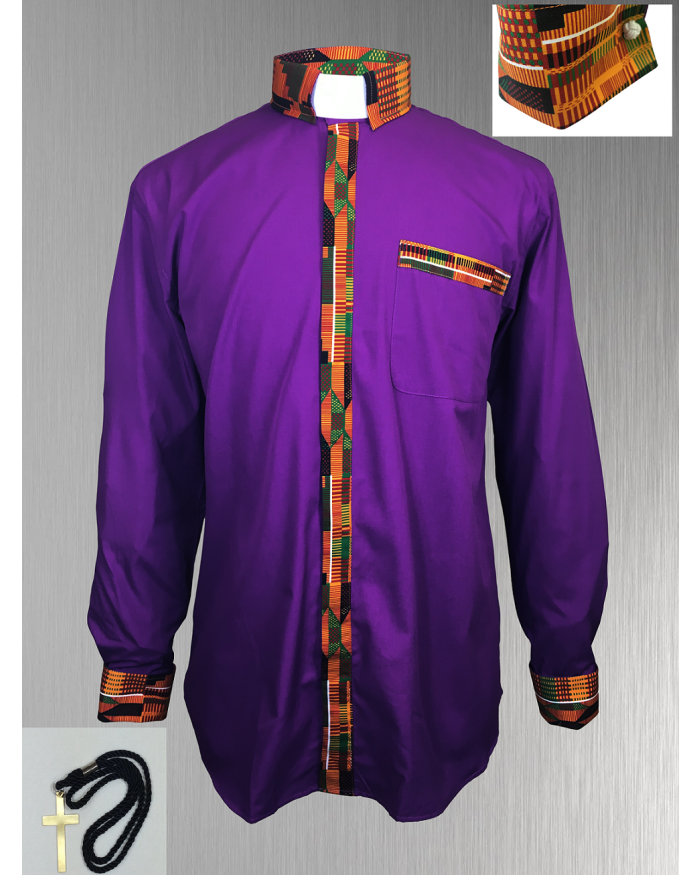 Purple Clergy Shirt with African Kente Cloth Fabric