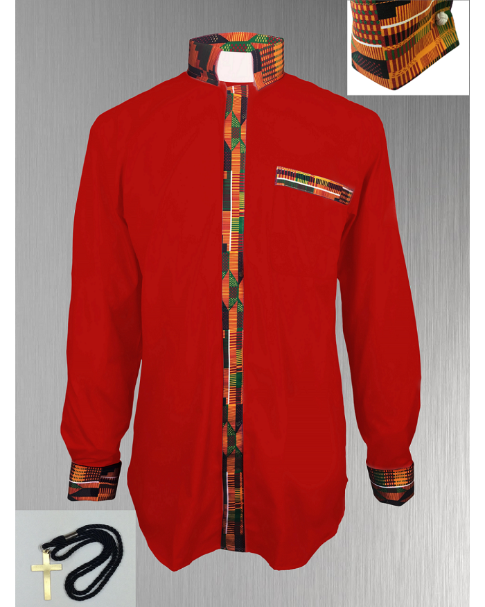 Red Clergy Shirt with African Kente Cloth Fabric