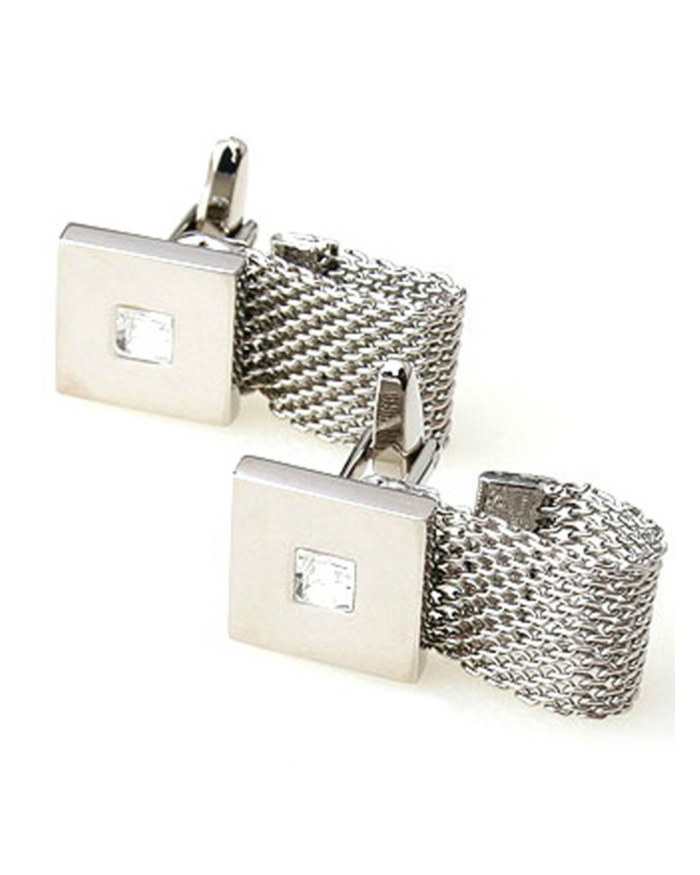 2 Pc. Chain Wrap-Around Square Cufflinks with a Crystal Stone - SILVER