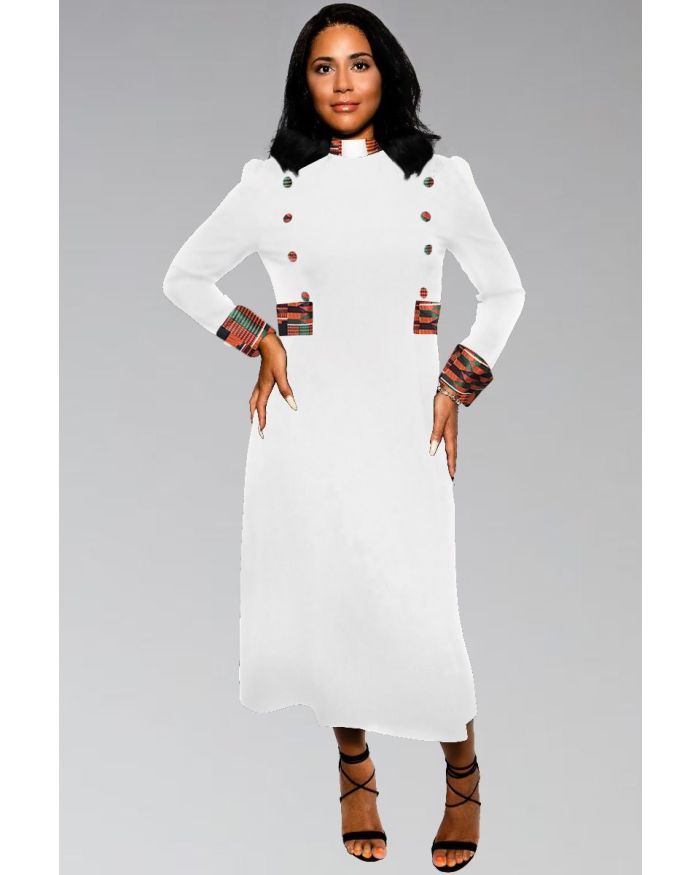 Women's Clergy Dress WHITE with African Kente Contrast & Designer Buttons