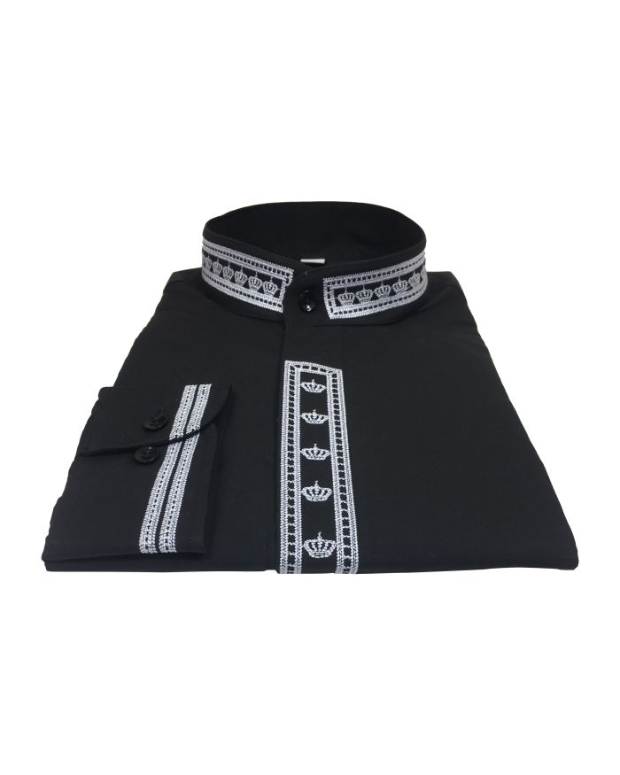 341. Men's Clergy Shirt With Rejoice Crown Fine Embroidery Long Sleeves- Black/White