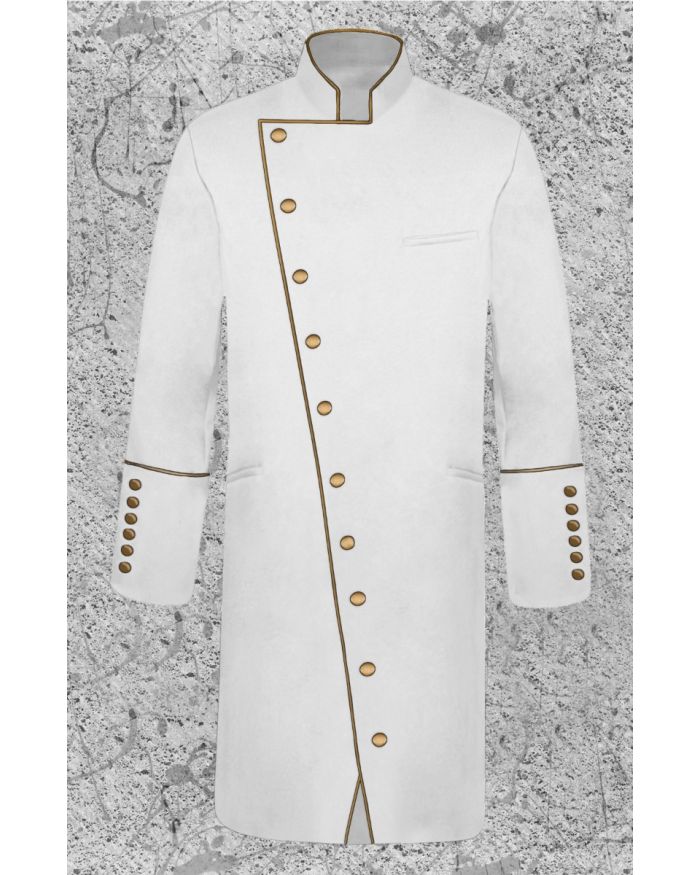 Men's Double Breasted Clergy Frock Jacket in White with Gold with Three Quarter Length