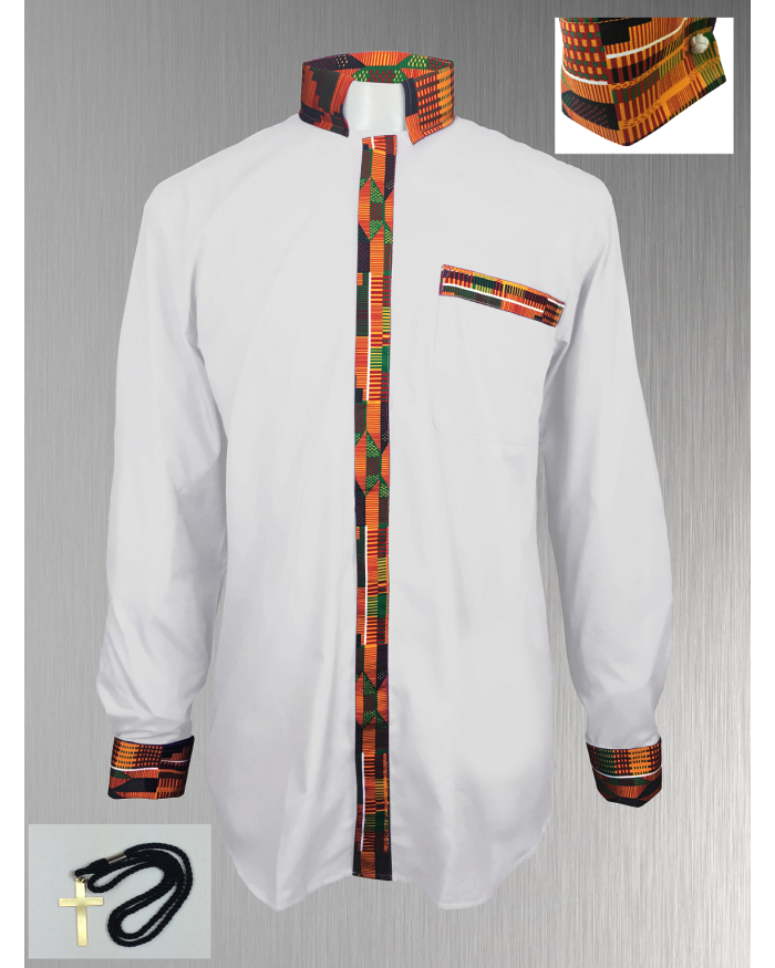 White Clergy Shirt with Kente Cloth Fabric