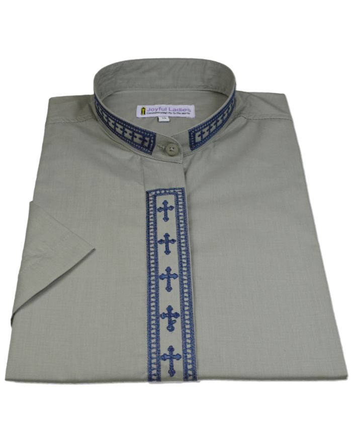 763. Women's Short-Sleeve Clergy Shirt With Fine Embroidery - Silver/Navy