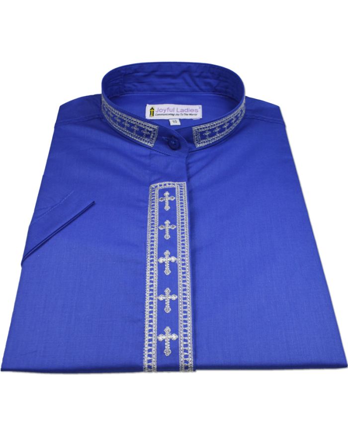 764. Women's Short-Sleeve Clergy Shirt With Fine Embroidery - Royal/Silver
