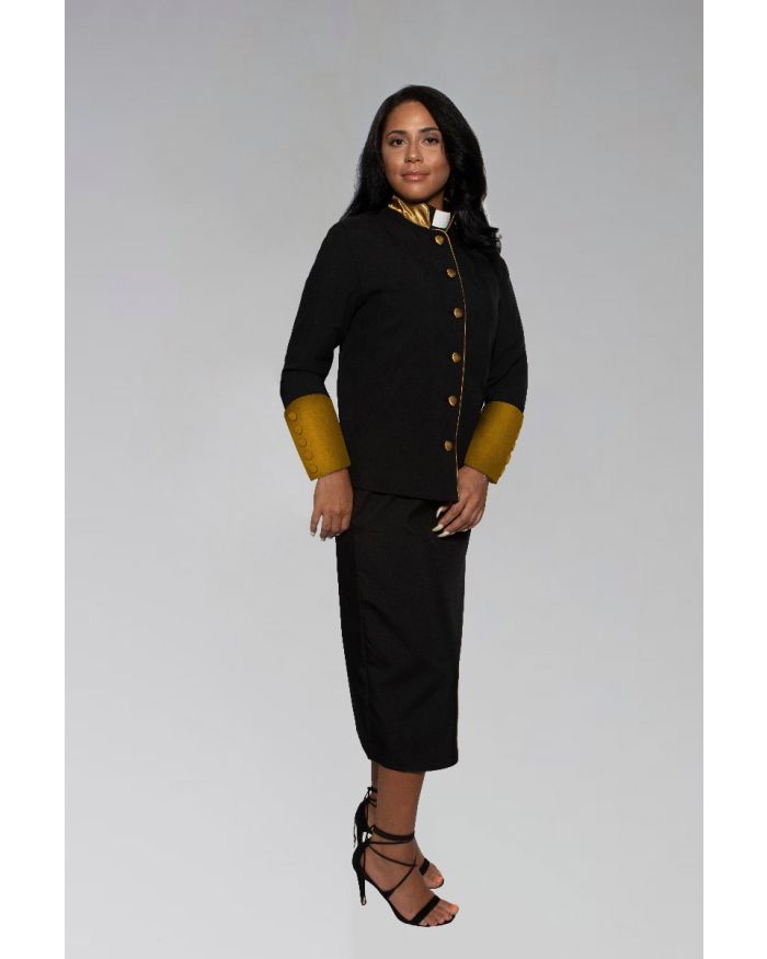 Ladies Clergy Suit in Black with Stately Satin Gold Cuffs