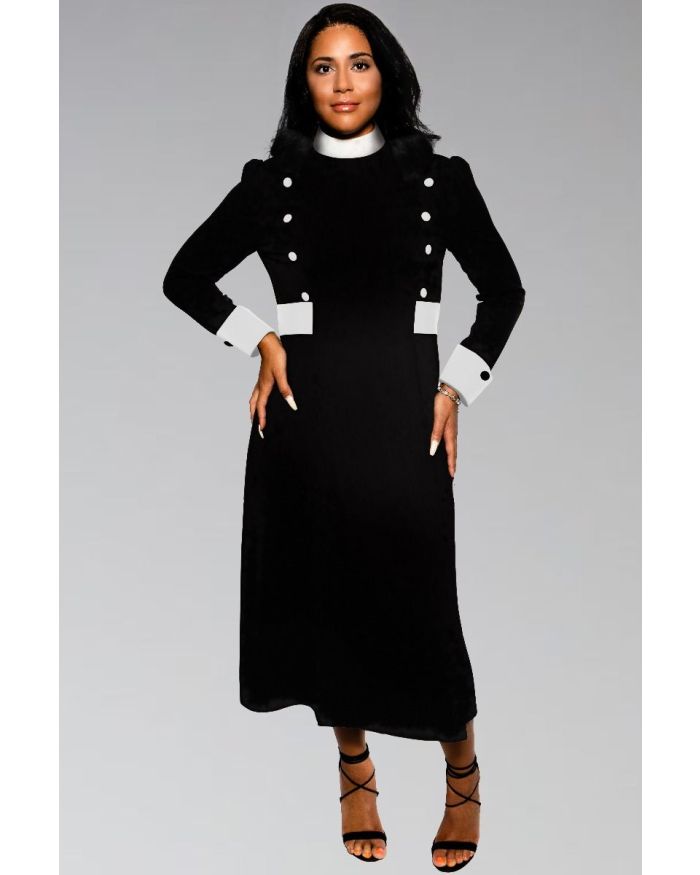 Women's FULL Collar Clergy Dress Black with White Designer Buttons Full Collar