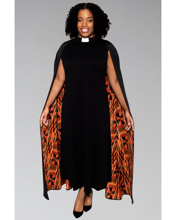Women's Modern Clergy Dress Black with Kente Cape