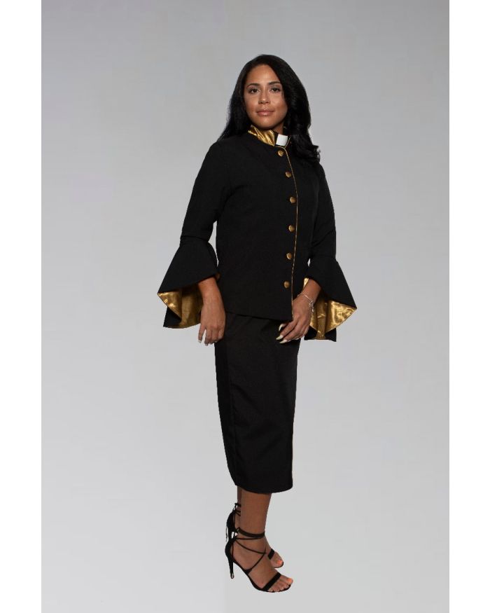 Women's Clergy Suit in Black and Gold with Flared Sleeves