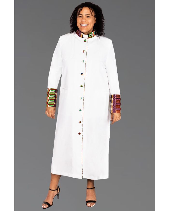 Women's White Clergy Robe Kente Kwangali Fabric