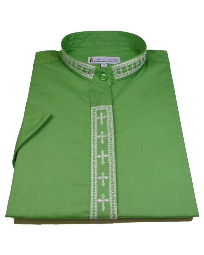 765. Women's Short-Sleeve Clergy Shirt With Fine Embroidery - Green/Creme