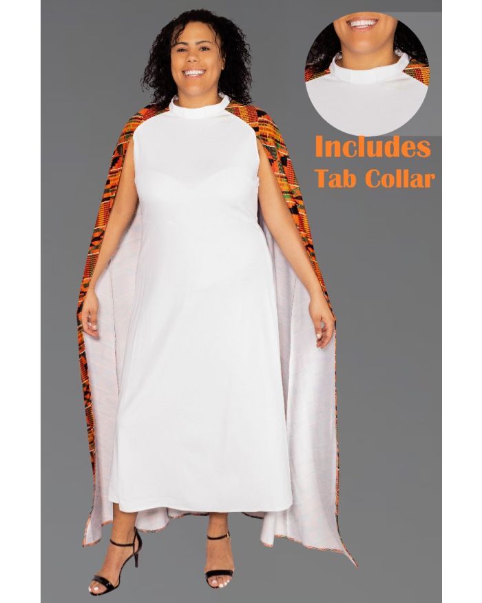 Women's White Clergy Dress with African Kente Cape 