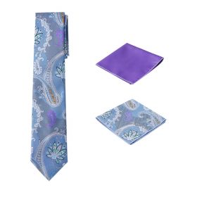 Men's Unique Printed Paisley Flower Blue Themed Necktie w/ 2 handkerchiefs  