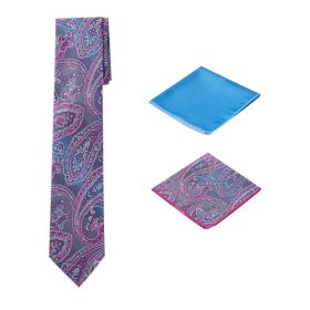 Men's Unique Printed Paisley Pink Grey Themed Necktie w/ 2 handkerchiefs  