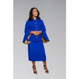 Ladies Pastor Clergy Suit in Royal Blue with Gold Flared Sleeves