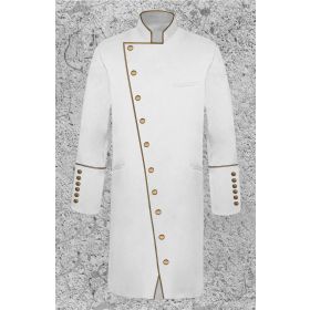 Men's Double Breasted Clergy Frock Jacket in White with Gold with Three Quarter Length