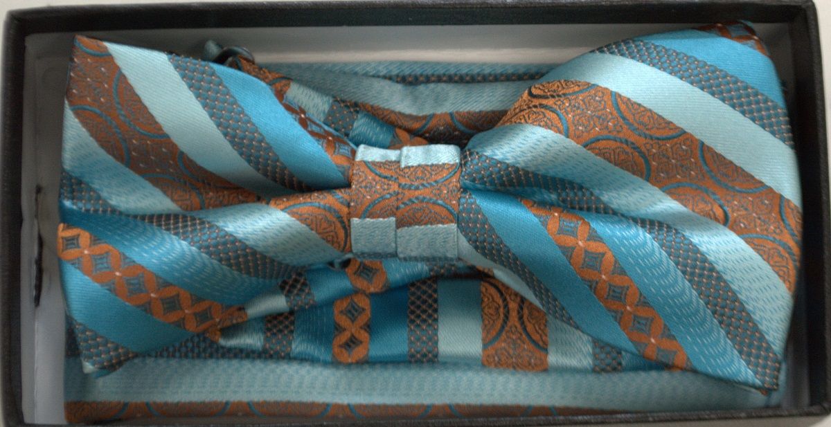 Men's Premium Dotted AND Striped Pattern Bow Tie + Hanky - Turquoise & Rust