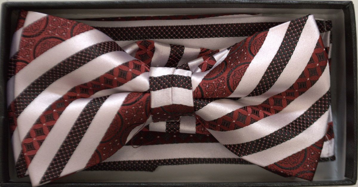 *Men's Premium Striped Regency Pattern Bow Tie + Hanky - Red/White