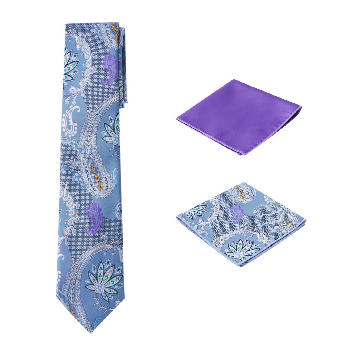 Men's Unique Printed Paisley Flower Blue Themed Necktie w/ 2 handkerchiefs  